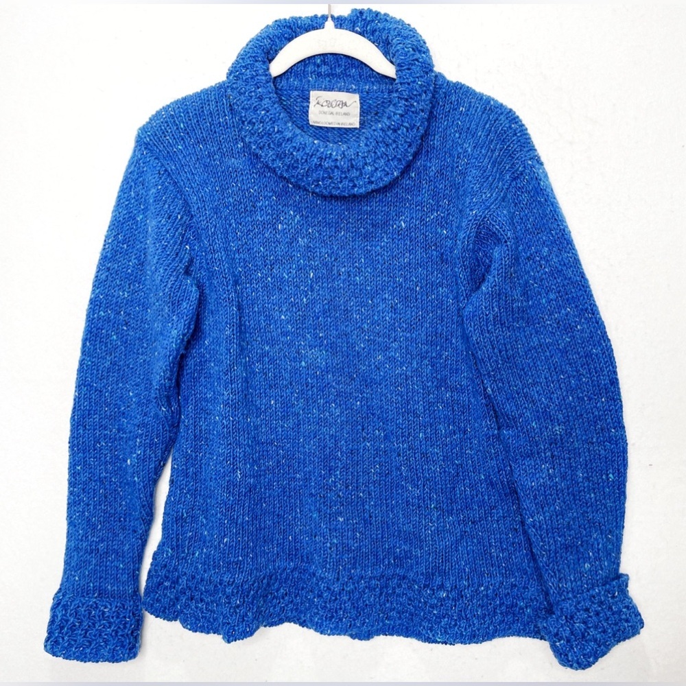 Rossan Knitwear Donegal Irish Roll Neck Blue Knit Long Sleeve Sweater 100% Wool